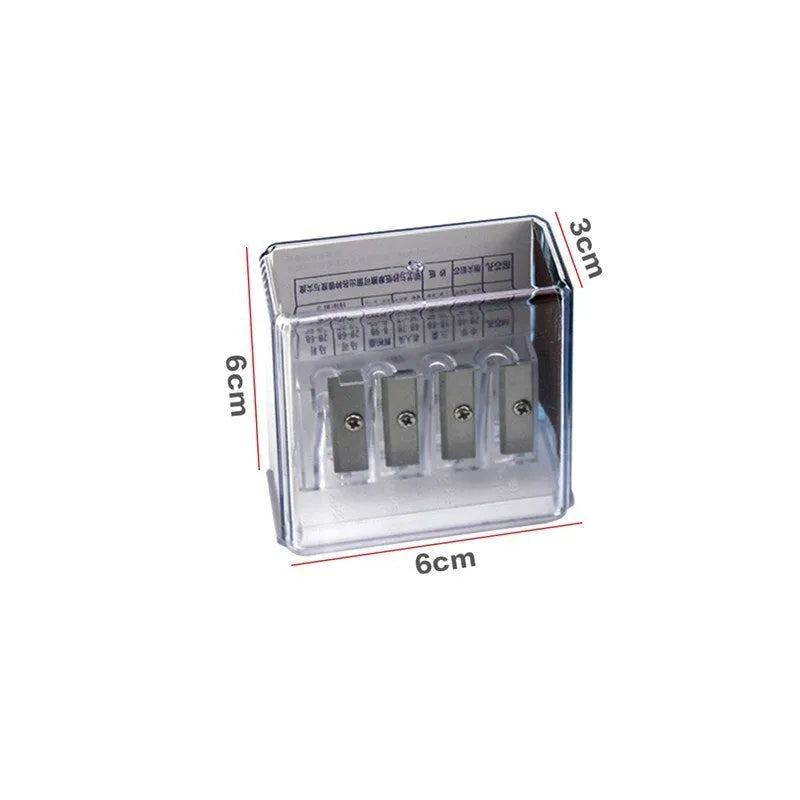 Four-hole plastic pencil sharpener with geometric design and screwdriver for blade replacement