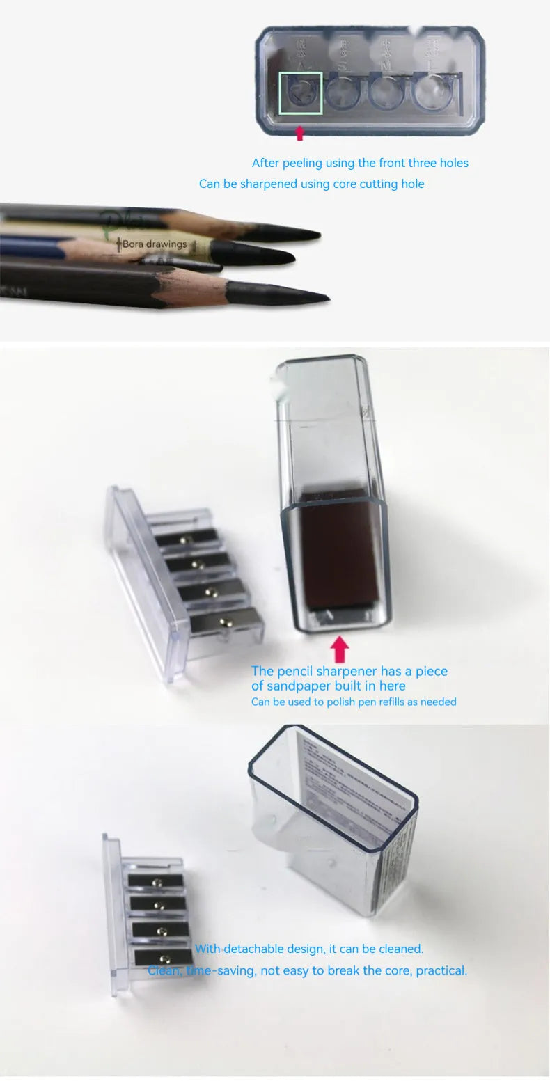 Four-hole plastic pencil sharpener with geometric design and screwdriver for blade replacement