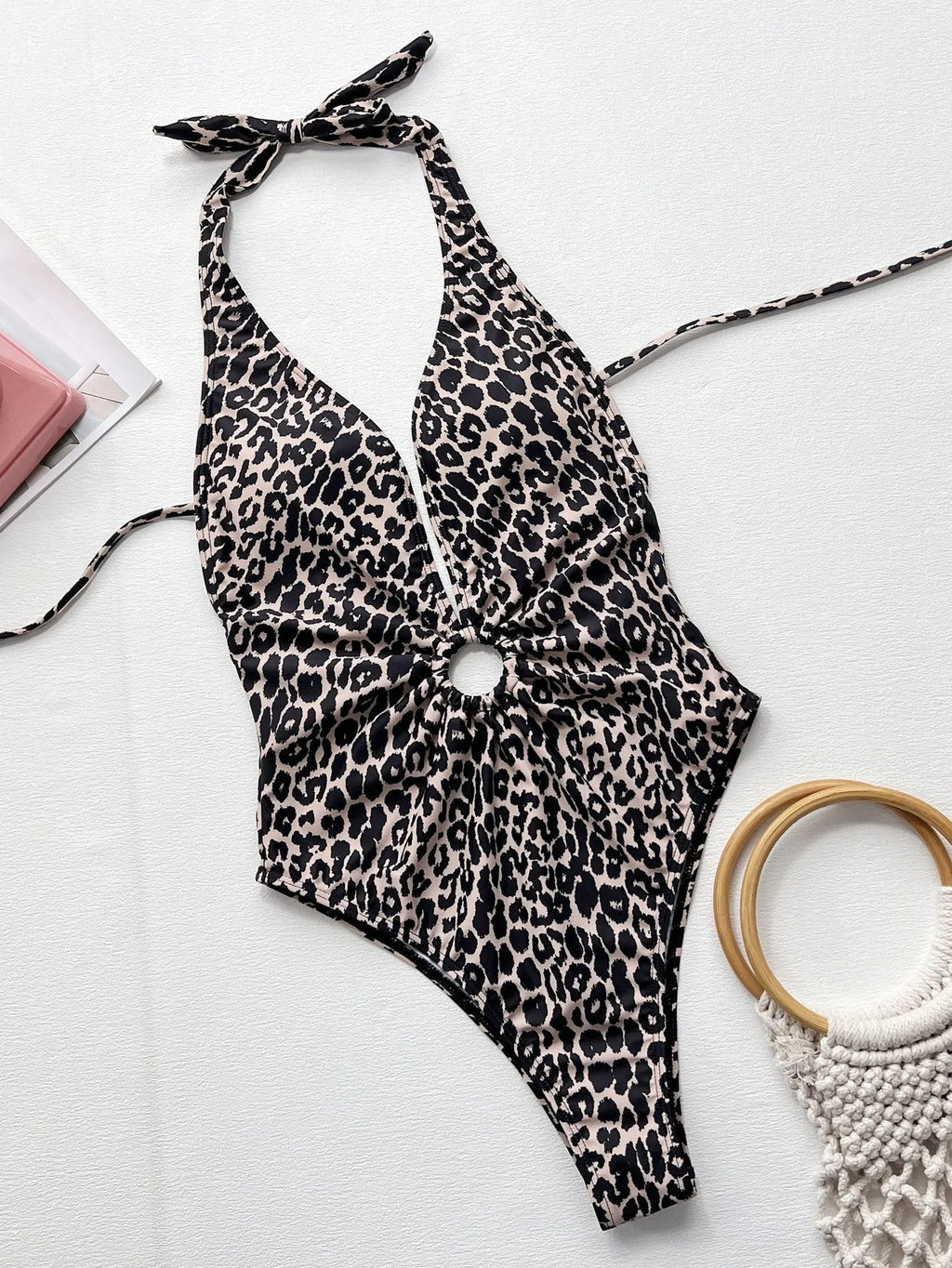 Leopard print one-piece swimsuit with hollow-out ring design for women