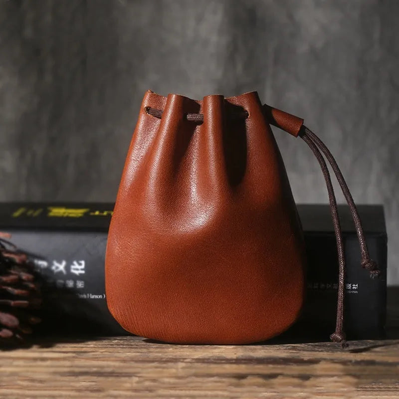Genuine cowhide leather drawstring bundle wallet in European American retro style
