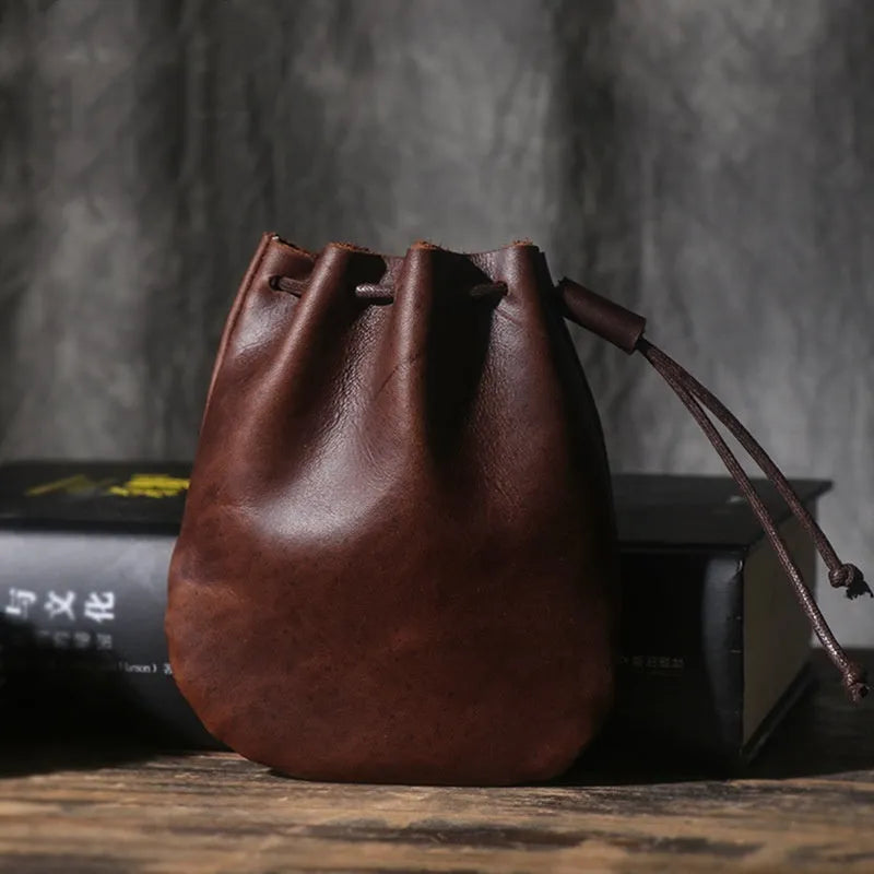 Genuine cowhide leather drawstring bundle wallet in European American retro style