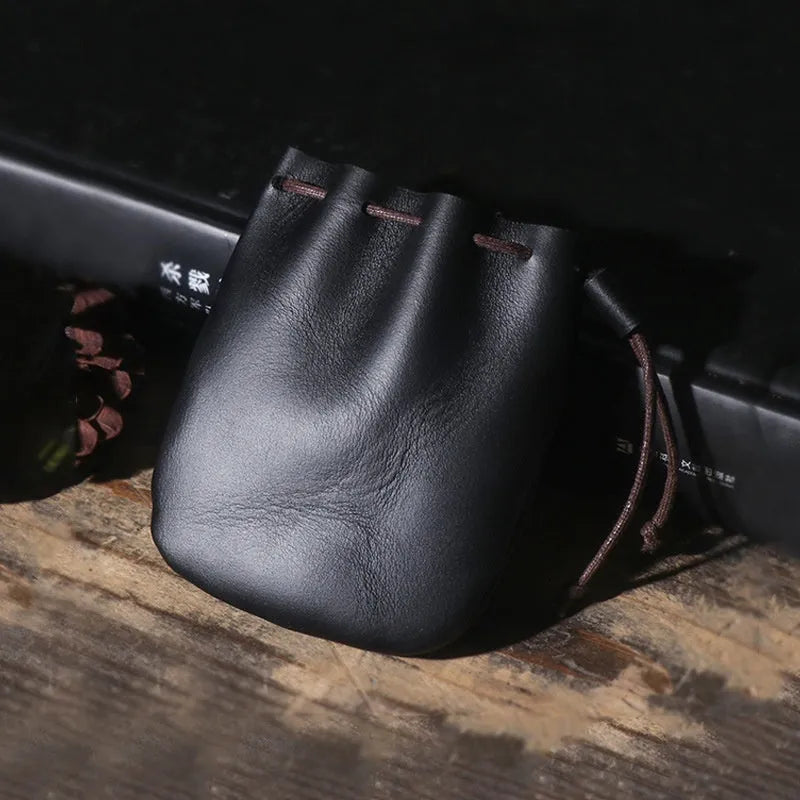 Genuine cowhide leather drawstring bundle wallet in European American retro style