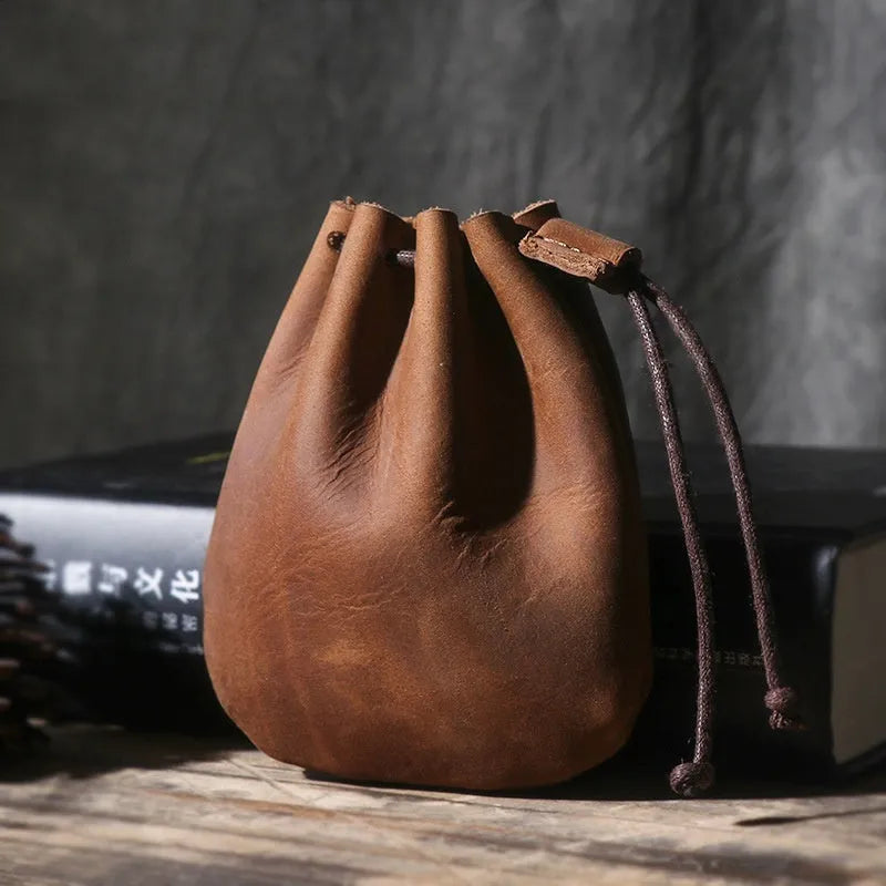 Genuine cowhide leather drawstring bundle wallet in European American retro style
