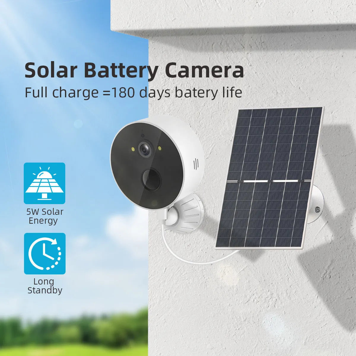 Outdoor solar-powered security camera and solar panel kit for wireless HD monitoring.