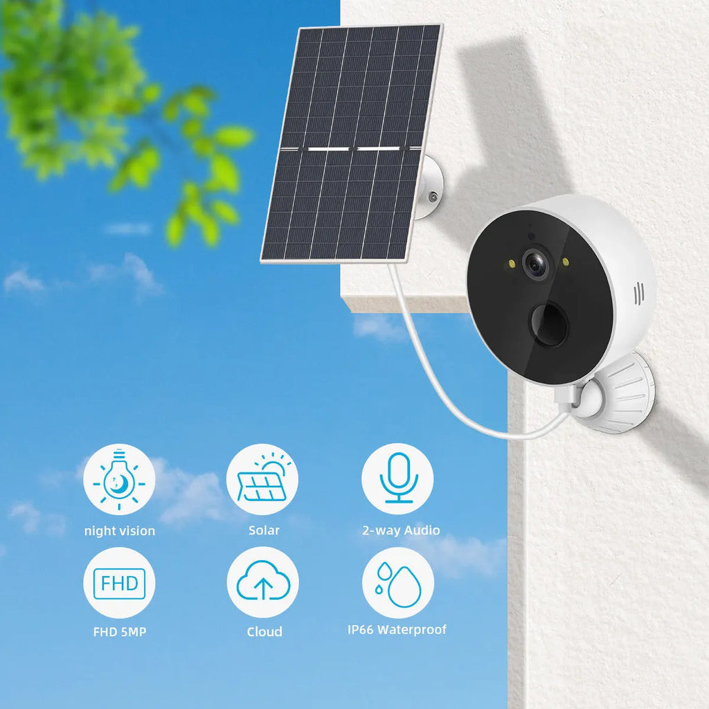 Outdoor solar-powered security camera and solar panel kit for wireless HD monitoring.