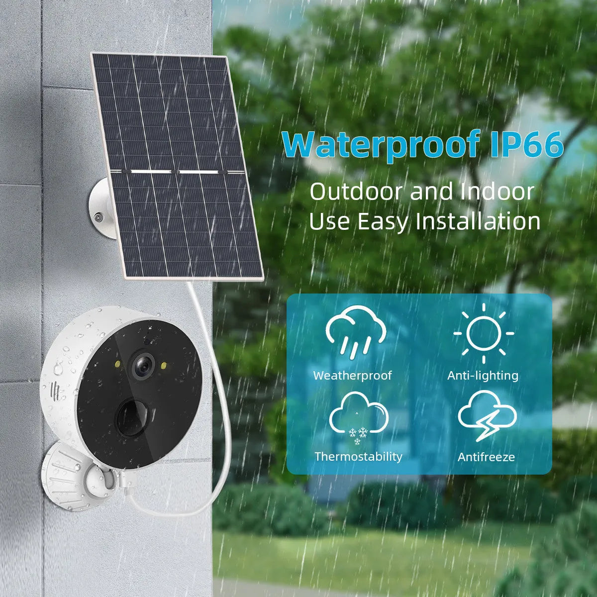 Outdoor solar-powered security camera and solar panel kit for wireless HD monitoring.