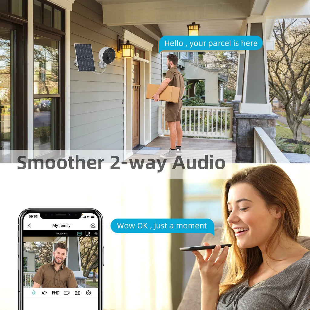Outdoor solar-powered security camera and solar panel kit for wireless HD monitoring.