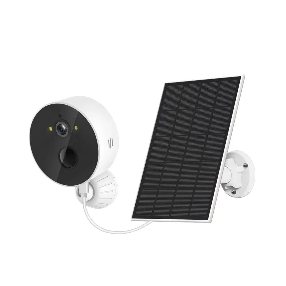Outdoor solar-powered security camera and solar panel kit for wireless HD monitoring.