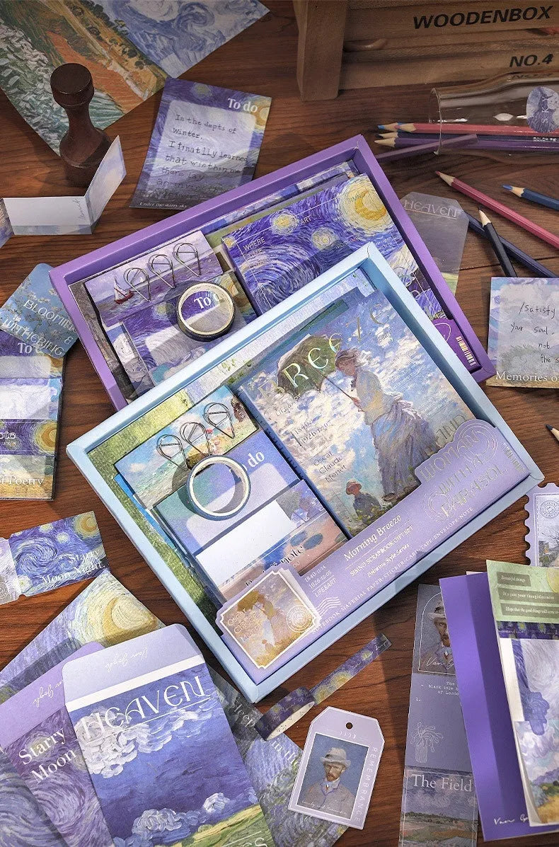 A6 creative journal gift box with grid notebook, paper sheets, cards, envelopes, and decorative stationery accessories