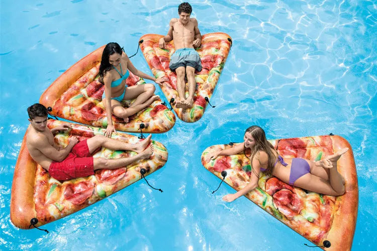 Inflatable pizza slice surfboard float measuring 175cm by 145cm for water lounging
