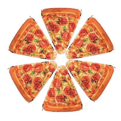 Inflatable pizza slice surfboard float measuring 175cm by 145cm for water lounging