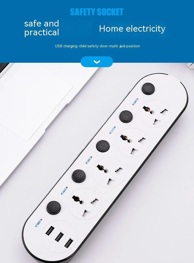 Multi-switch power strip with international sockets, USB ports, and a long cable on a desk.
