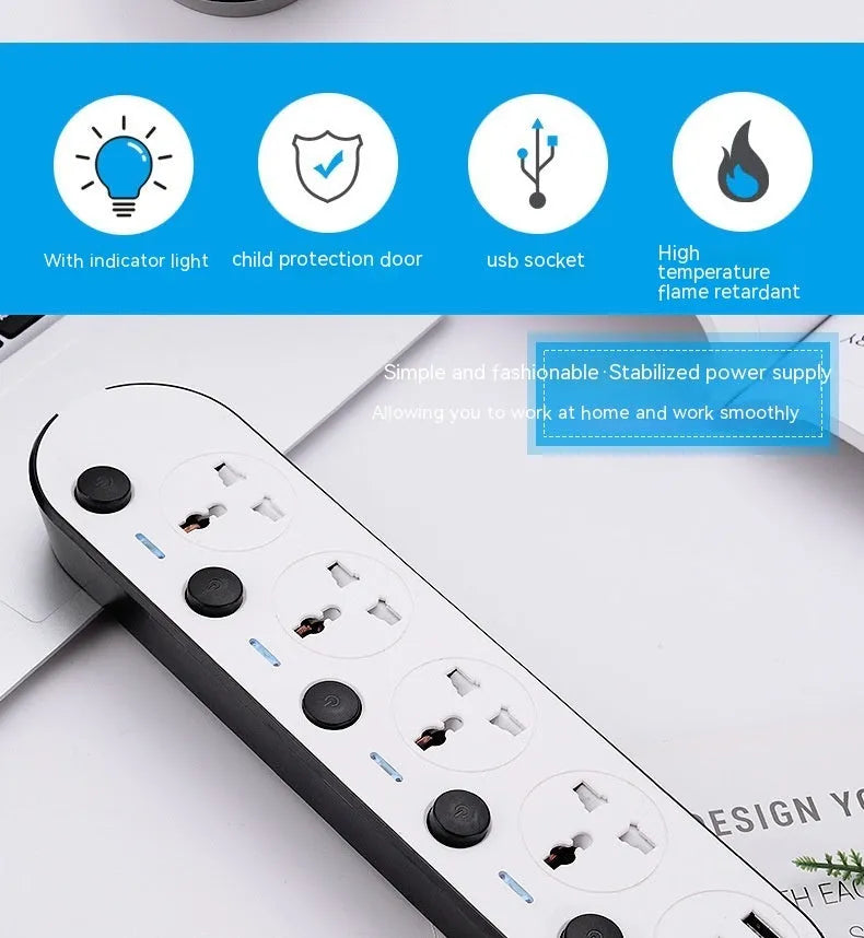 Multi-switch power strip with international sockets, USB ports, and a long cable on a desk.