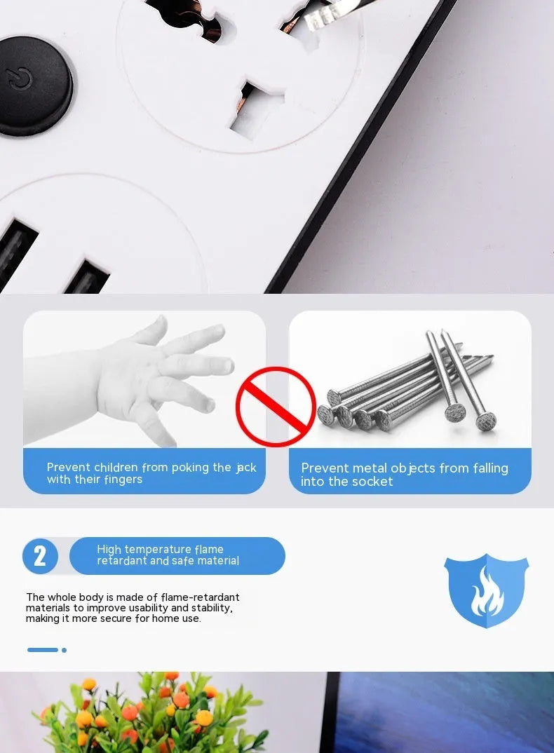 Multi-switch power strip with international sockets, USB ports, and a long cable on a desk.
