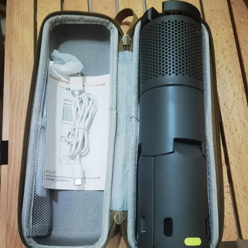 Portable camping LED light with battery power and button switch in creamy white or dark grey colours