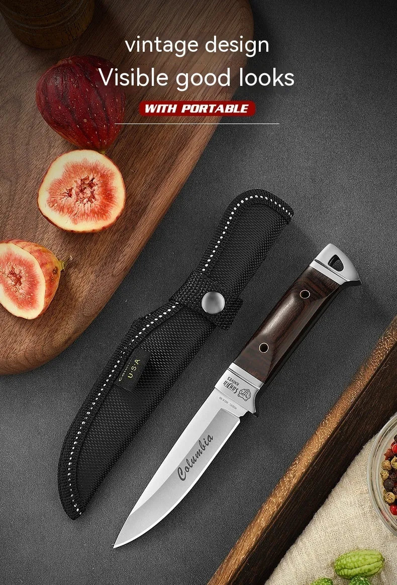 Camping multifunctional portable fruit knife with stainless steel blade and leather case