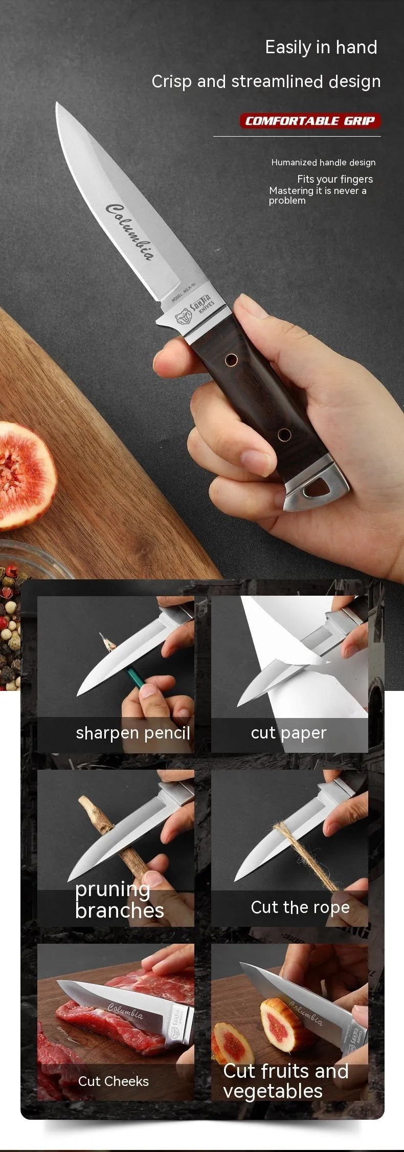 Camping multifunctional portable fruit knife with stainless steel blade and leather case