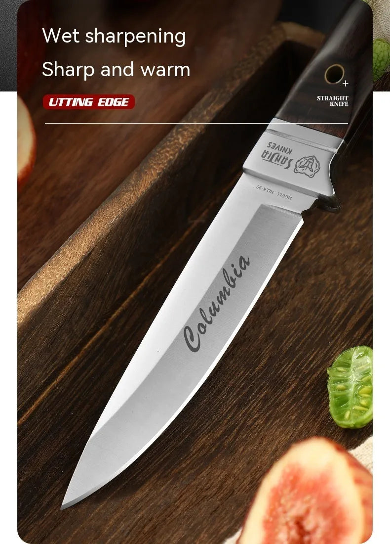 Camping multifunctional portable fruit knife with stainless steel blade and leather case