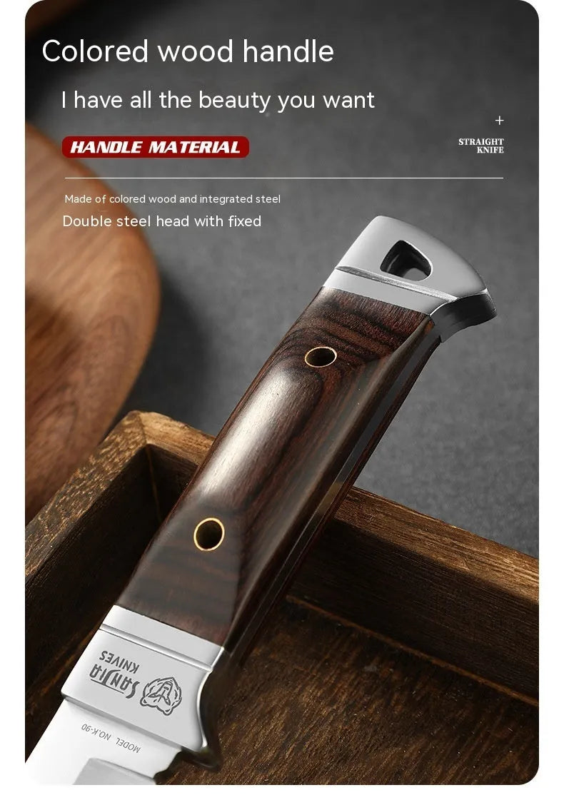 Camping multifunctional portable fruit knife with stainless steel blade and leather case