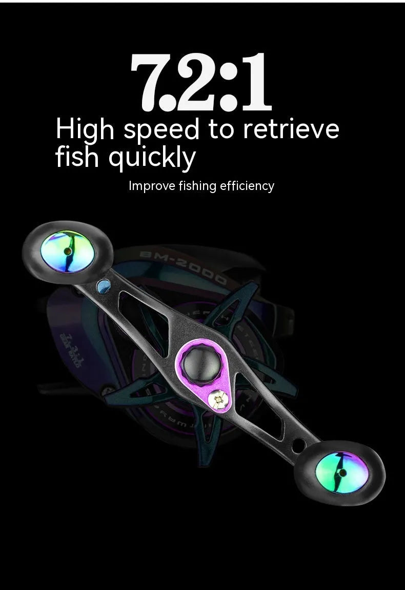 BM2000 fishing reel model showing magnetic brake system, available in left-hand and right-hand versions.