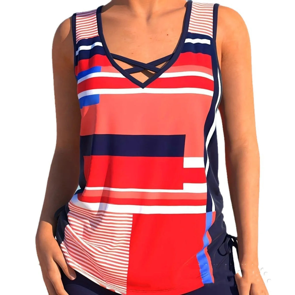 Women's swimsuit set showing matching top and printed split boxer shorts in polyester fabric