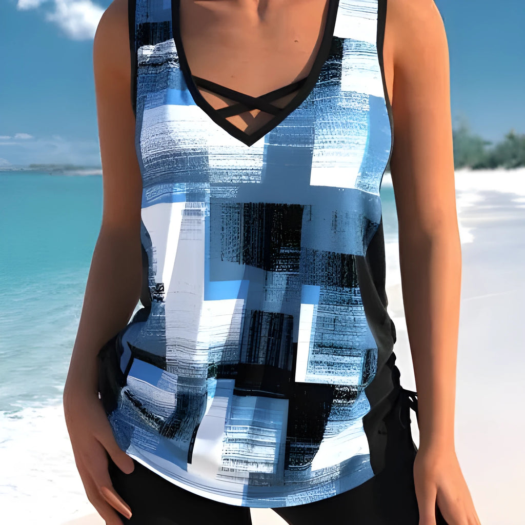 Women's swimsuit set showing matching top and printed split boxer shorts in polyester fabric