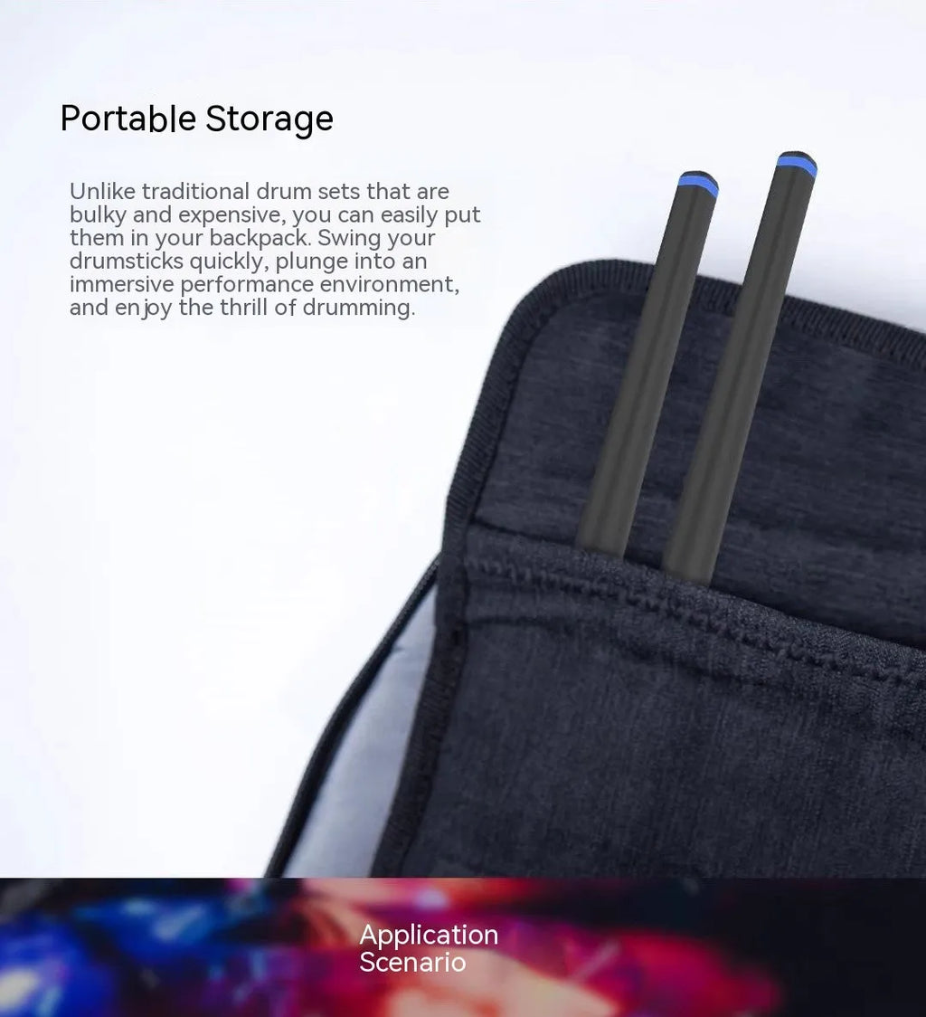 Black somatosensory air drum kit with wireless 2.4G connection, LED lighting, drumsticks, and charging cable