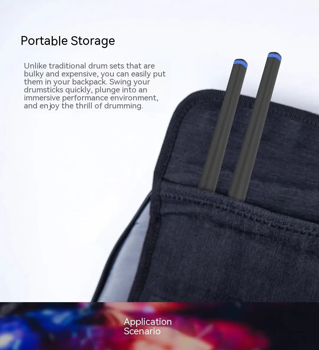 Black somatosensory air drum kit with wireless 2.4G connection, LED lighting, drumsticks, and charging cable