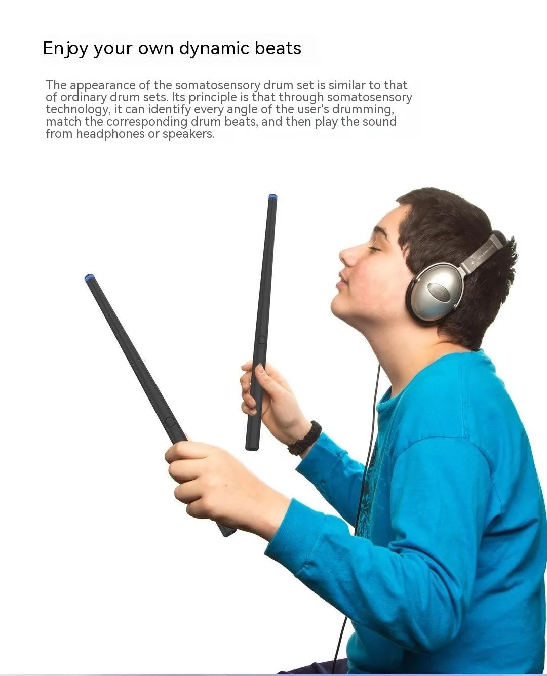 Black somatosensory air drum kit with wireless 2.4G connection, LED lighting, drumsticks, and charging cable