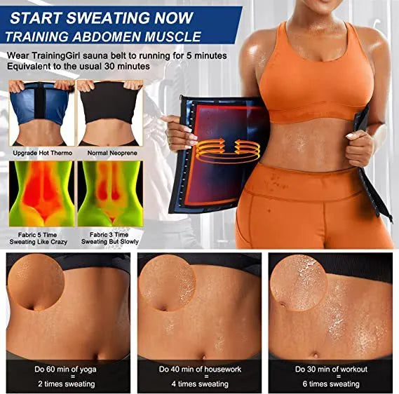 Blue neoprene adjustable abdominal support belt shown with size adjustment features
