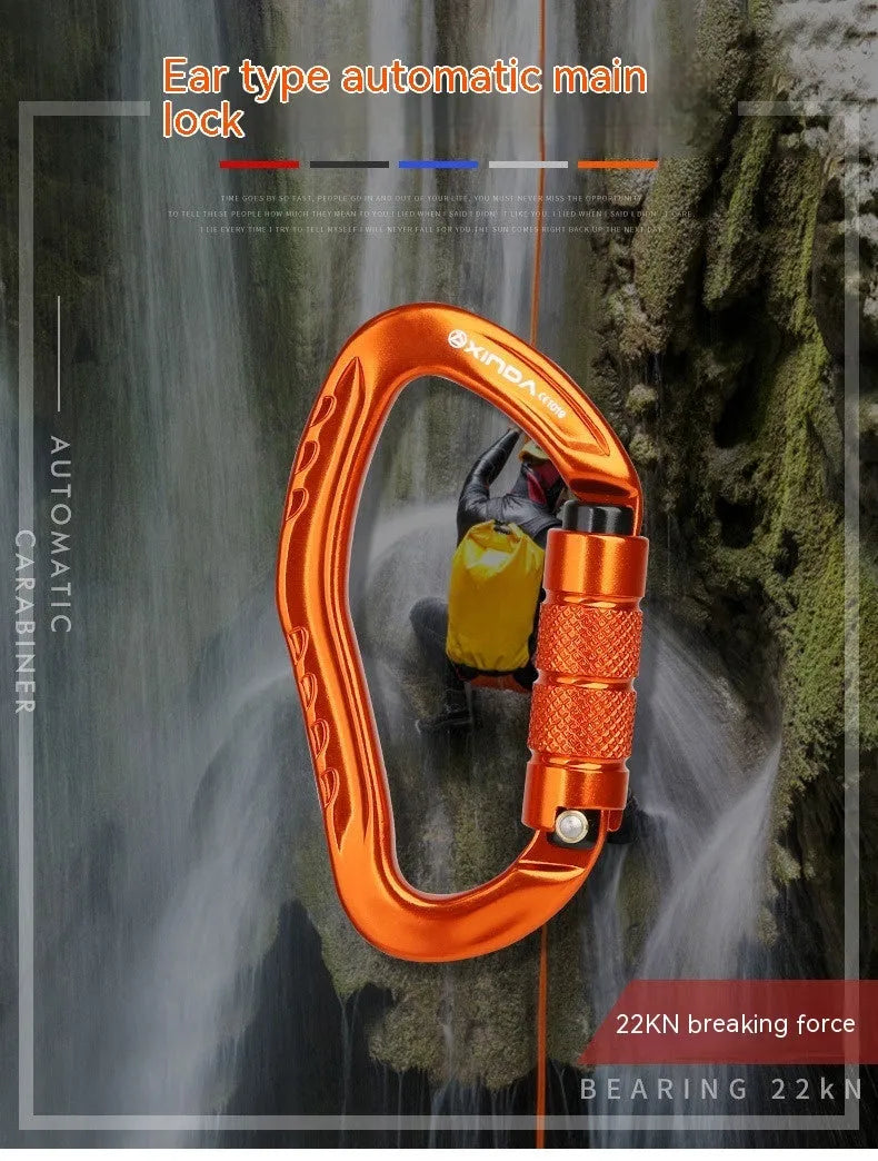 Automatic lock climbing carabiner in five colour options for outdoor rock climbing equipment