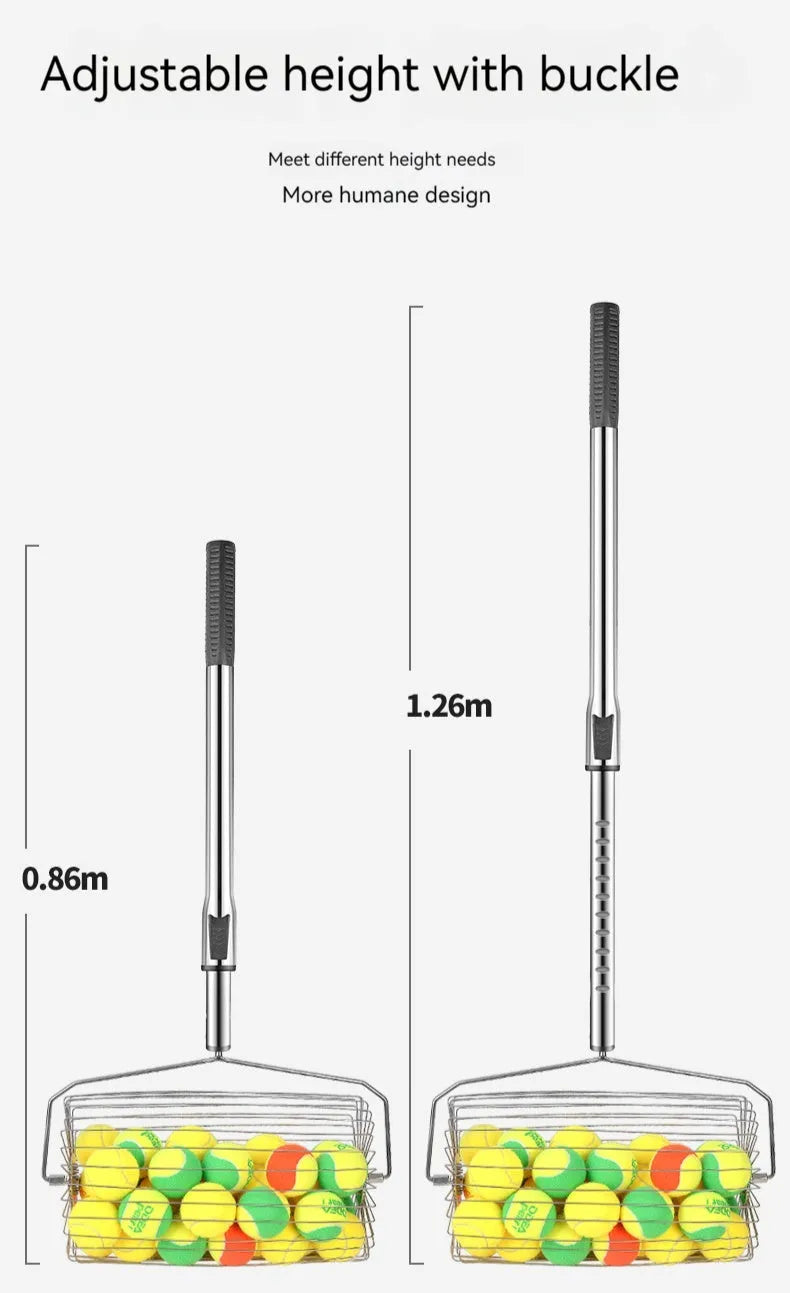 Stainless steel tennis ball picker roller device for court collection with adjustable mechanism