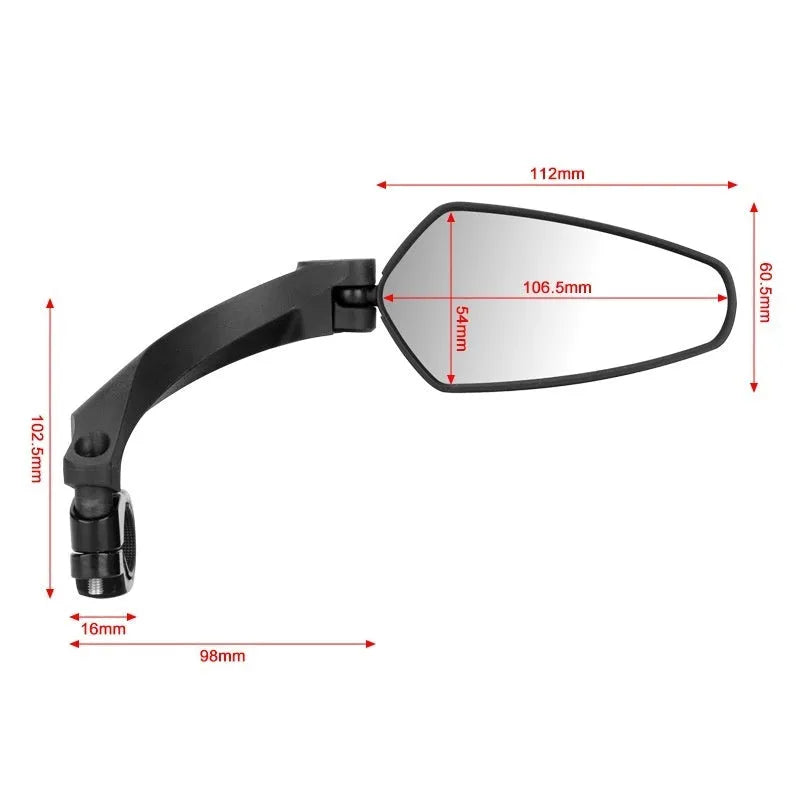 Black bicycle rearview mirror with wide 210mm acrylic lens mounted on a handlebar.