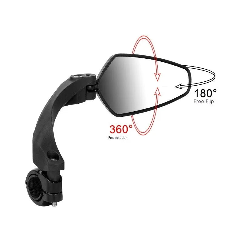 Black bicycle rearview mirror with wide 210mm acrylic lens mounted on a handlebar.