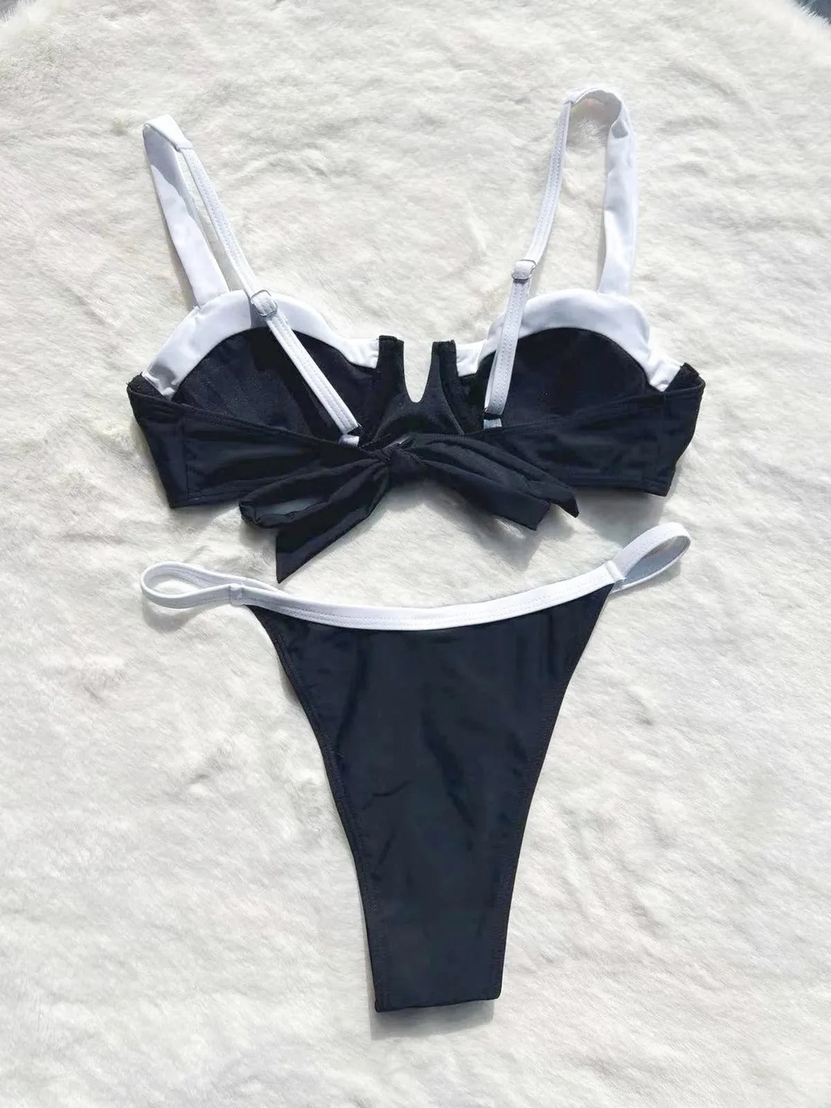 Black low waist bikini with stitching split detail on briefs