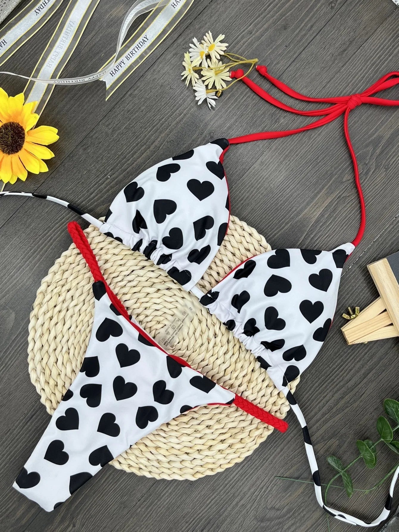 Heart printing backless split swimsuit in nylon fabric with cotton lining, available in sizes S, M, L