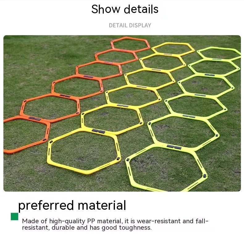 Six foldable hexagon agility training rings in yellow, green and orange colours for football drills