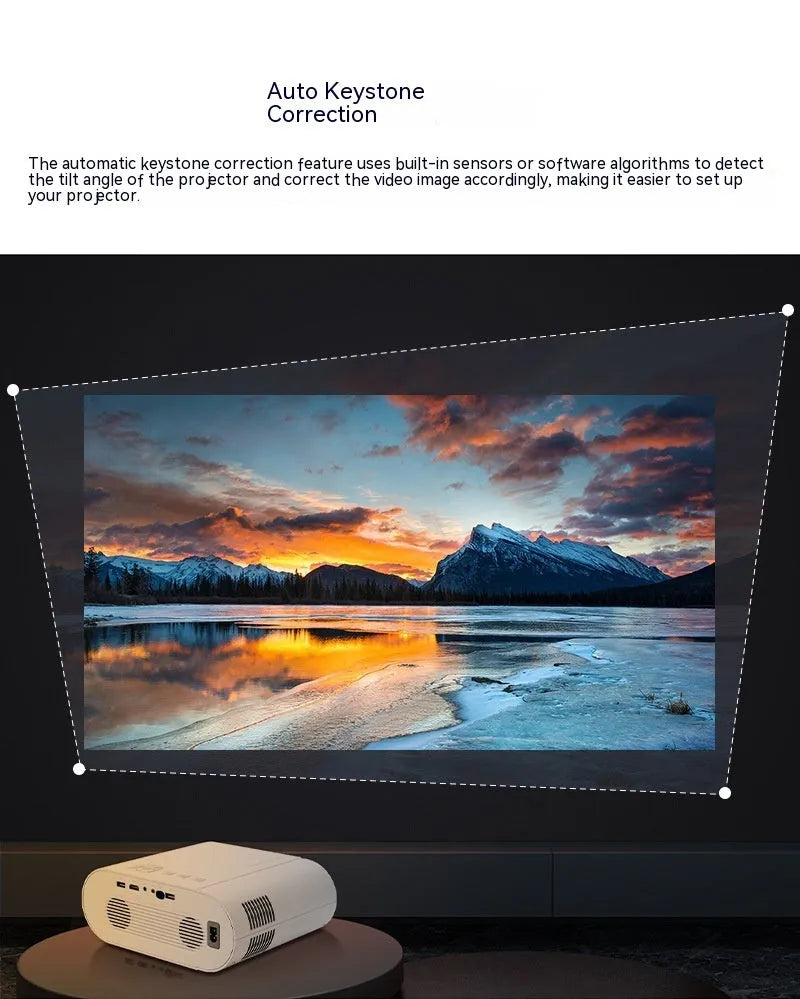 White T07 Full HD smart projector with remote control on a table.
