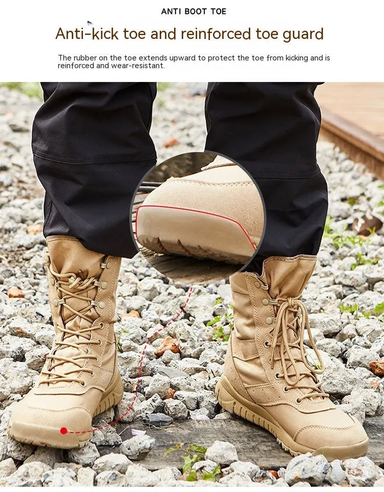 Yulong Combat Boots tactical desert climbing footwear in black and sand colours for outdoor hiking and camping