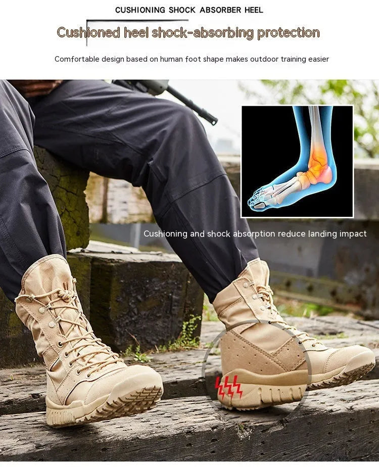 Yulong Combat Boots tactical desert climbing footwear in black and sand colours for outdoor hiking and camping