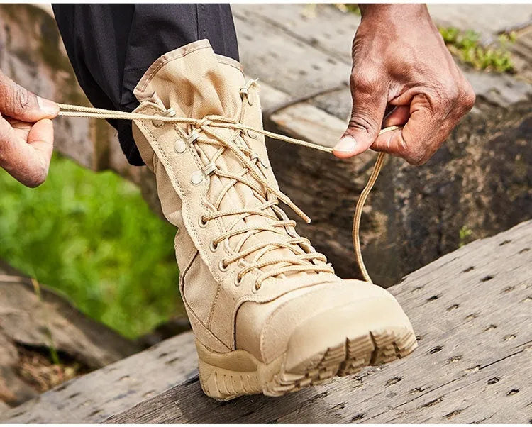 Yulong Combat Boots tactical desert climbing footwear in black and sand colours for outdoor hiking and camping