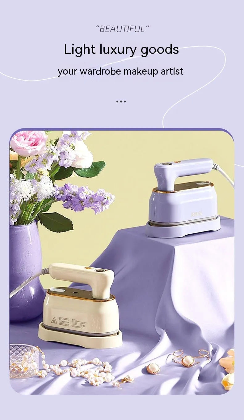 Foldable portable steam iron in light purple on a white background, showing its compact design and ceramic soleplate.