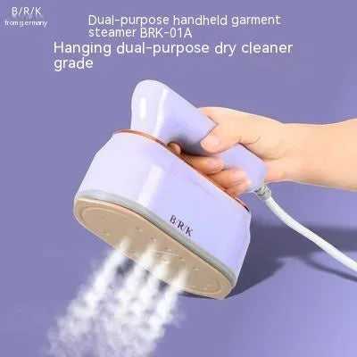 Foldable portable steam iron in light purple on a white background, showing its compact design and ceramic soleplate.