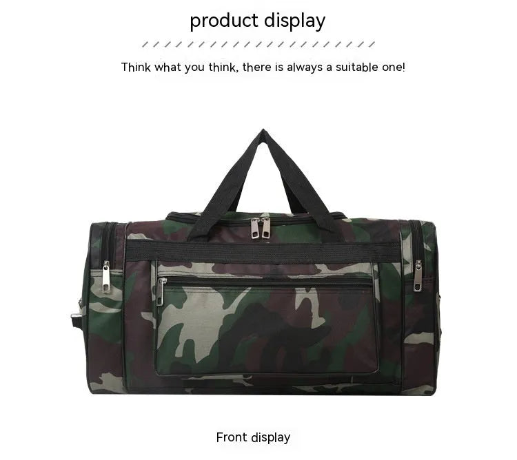 Green camouflage waterproof luggage bag with 20L capacity and striped polyester lining.