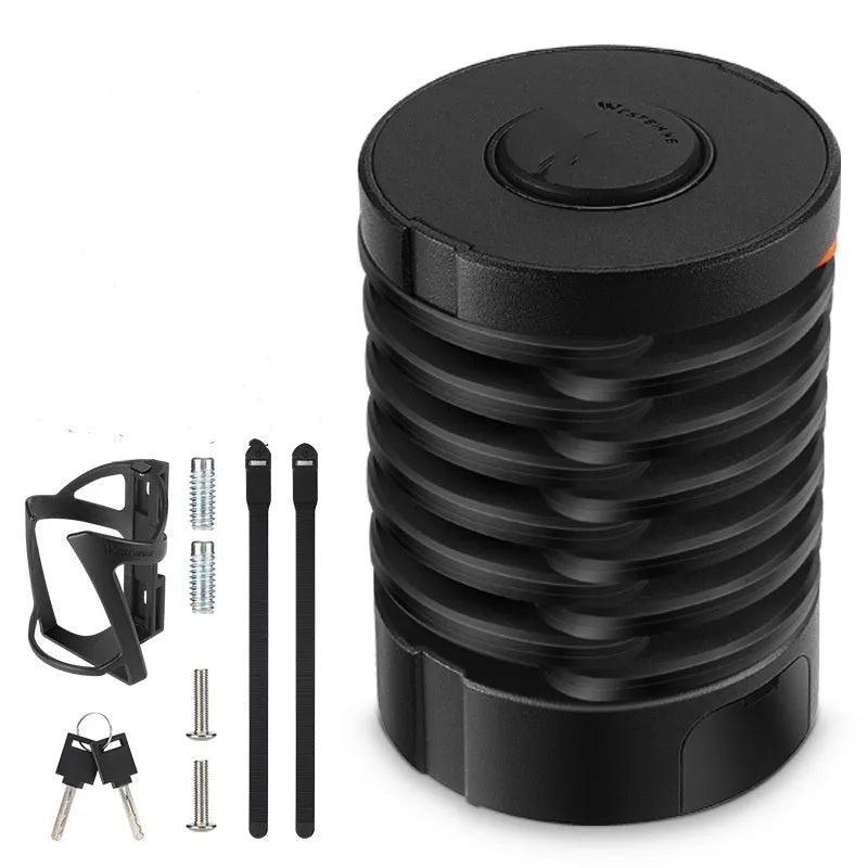 Portable black and black orange bicycle folding lock with multi-material construction.