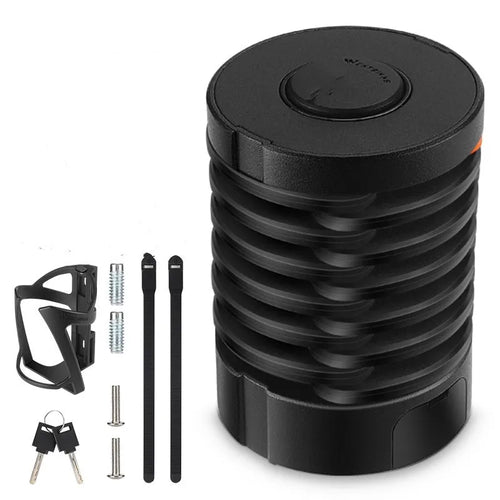 Portable black and black orange bicycle folding lock with multi-material construction.