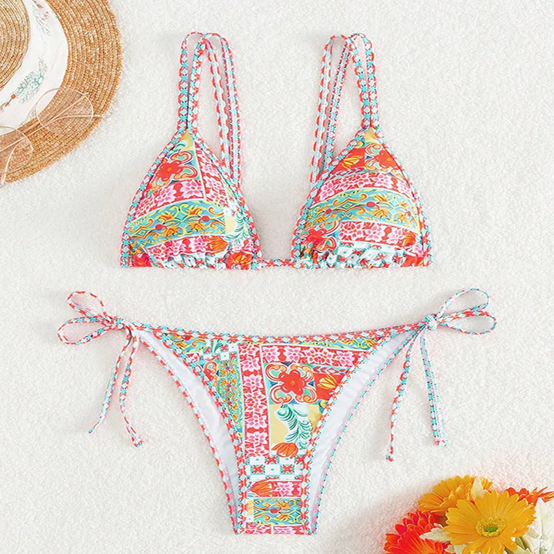 Women's lace-up halter neck bikini set with backless design, in picture colour.