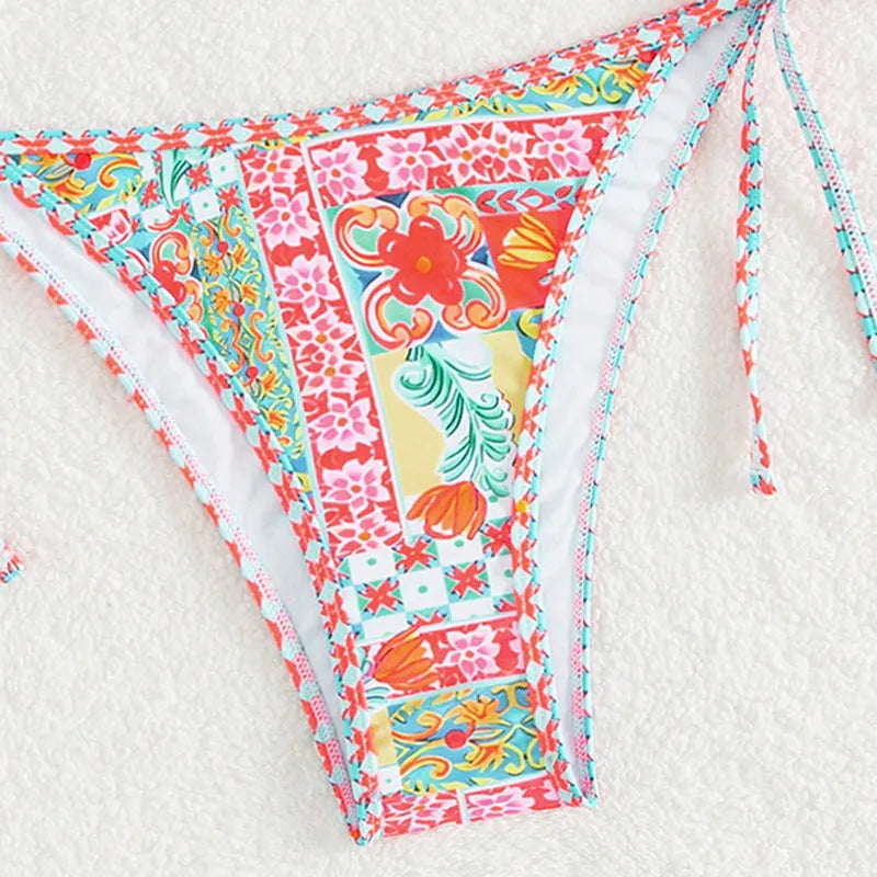 Women's lace-up halter neck bikini set with backless design, in picture colour.