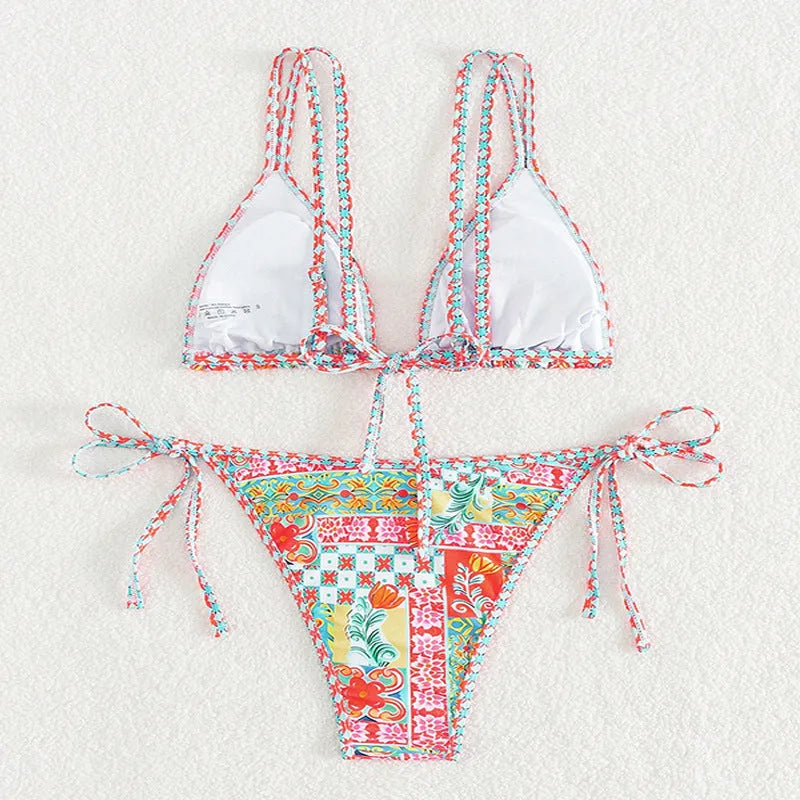 Women's lace-up halter neck bikini set with backless design, in picture colour.