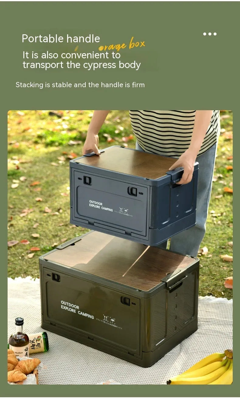 Large white foldable plastic storage box with a wooden lid, shown open and closed.